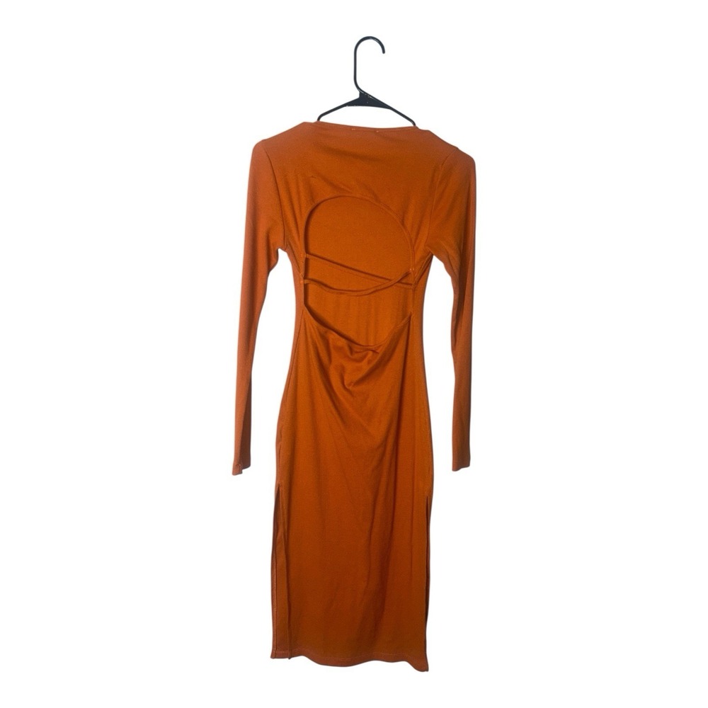 Boohoo Ribbed Cutout Back Midi Dress Rust Long Sleeve Bodycon US 10 NWT - Picture 5 of 8